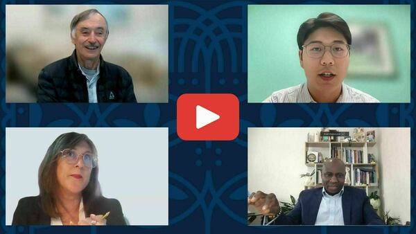 Screen capture of four people. From left to right Ivan Light PhD, Michael Hou, Ana Paula Matias Gama PhD, and Amon Simba PhD. This image links to the Addressing Financial needs of entrepreneurs in poverty: novel solutions webinar